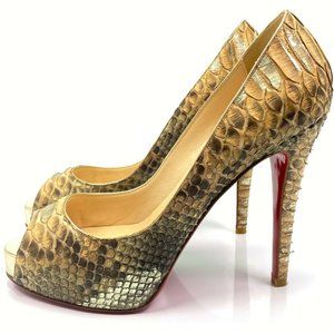 Christian Louboutin Gold Snakeskin Peep-Toe Pumps with Red Soles